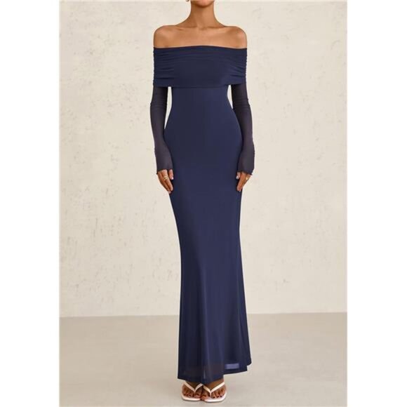 Dresses & Skirts - Women Elegant Off The Shoulder Maxi Dress Navy Blue